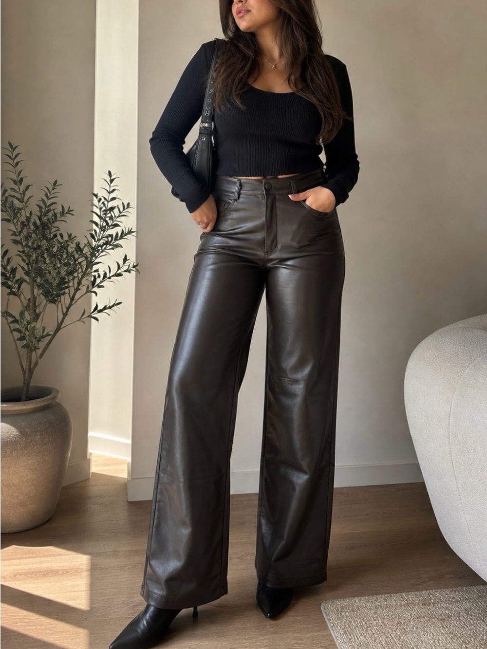 Zara Straight Wide-Leg Faux Leather Pants - Black